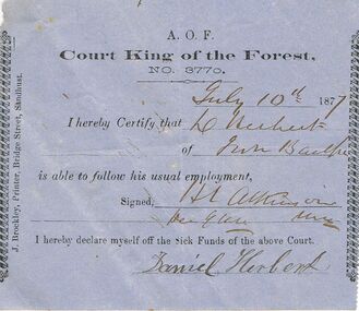 Document - ANCIENT ORDER OF FORESTERS NO 3770 COLLECTION: DOCTOR'S CERTIFICATE
