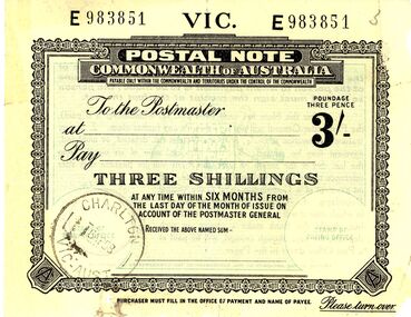 Document - ENNIS BUCKRABANYULE COLLECTION: POSTAL NOTE, 1958
