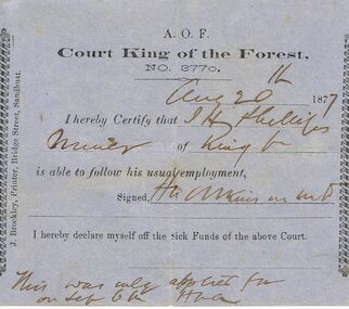 Document - ANCIENT ORDER OF FORESTERS NO 3770 COLLECTION: DOCTOR'S CERTIFICATE