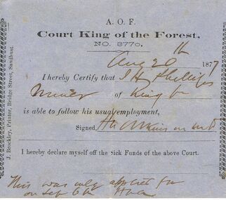 Document - ANCIENT ORDER OF FORESTERS NO 3770 COLLECTION: DOCTOR'S CERTIFICATE