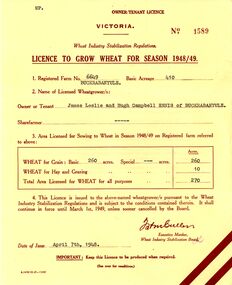 Document - ENNIS BUCKRABANYULE COLLECTION: LICENCE TO GROW WHEAT, 1948