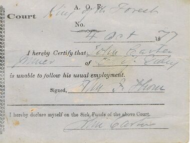 Document - ANCIENT ORDER OF FORESTERS NO 3770 COLLECTION: DOCTOR'S CERTIFICATE