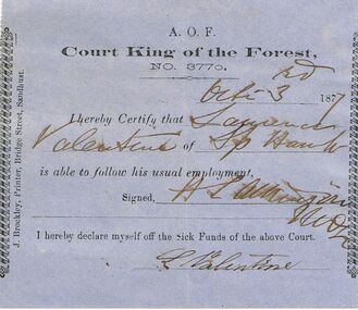 Document - ANCIENT ORDER OF FORESTERS NO 3770 COLLECTION: DOCTOR'S CERTIFICATE