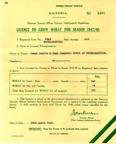 Document - ENNIS BUCKRABANYULE COLLECTION: LICENCE TO GROW WHEAT, 1947