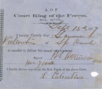 Document - ANCIENT ORDER OF FORESTERS NO 3770 COLLECTION: DOCTOR'S CERTIFICATE