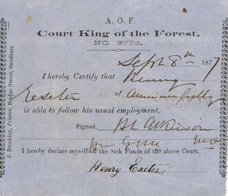 Document - ANCIENT ORDER OF FORESTERS NO 3770 COLLECTION: DOCTOR'S CERTIFICATE