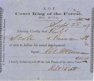 Document - ANCIENT ORDER OF FORESTERS NO 3770 COLLECTION: DOCTOR'S CERTIFICATE