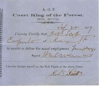 Document - ANCIENT ORDER OF FORESTERS NO 3770 COLLECTION: DOCTOR'S CERTIFICATE