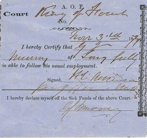 Document - ANCIENT ORDER OF FORESTERS NO 3770 COLLECTION: DOCTOR'S CERTIFICATE