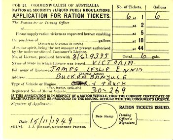 Document - ENNIS BUCKRABANYULE COLLECTION: APPLICATION FOR RATION TICKETS, 1949