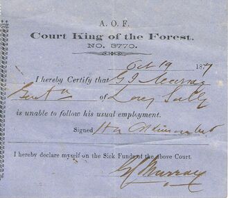 Document - ANCIENT ORDER OF FORESTERS NO 3770 COLLECTION: DOCTOR'S CERTIFICATE