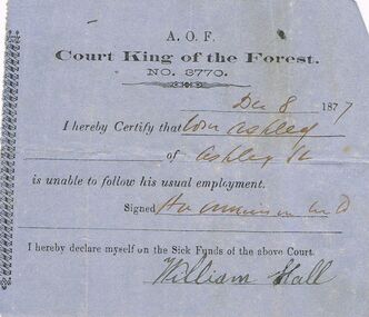 Document - ANCIENT ORDER OF FORESTERS NO 3770 COLLECTION: DOCTOR;S CERTIFICATE