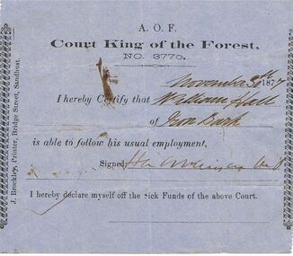 Document - ANCIENT ORDER OF FORESTERS NO 3770 COLLECTION: DOCTOR'S CERTIFICATE