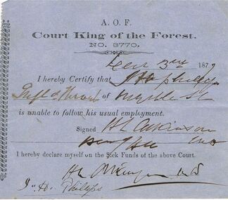 Document - ANCIENT ORDER OF FORESTERS NO 3770 COLLECTION: DOCTOR'S CERTIFICATE