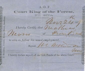 Document - ANCIENT ORDER OF FORESTERS NO 3770 COLLECTION: DOCTOR'S CERTIFICATE