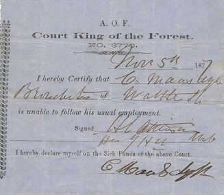 Document - ANCIENT ORDER OF FORESTERS NO 3770 COLLECTION: DOCTOR'S CERTIFICATE