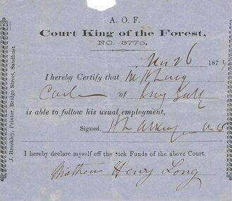 Document - ANCIENT ORDER OF FORESTERS NO 3770 COLLECTION: DOCTOR'S CERTIFICATE