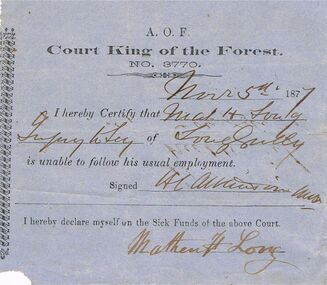 Document - ANCIENT ORDER OF FORESTERS NO 3770 COLLECTION: DOCTOR'S CERTIFICATE