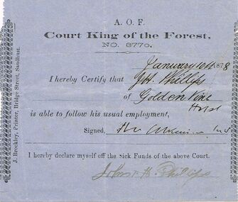 Document - ANCIENT ORDER OF FORESTERS NO 3770 COLLECTION: DOCTOR'S CERTIFICATE