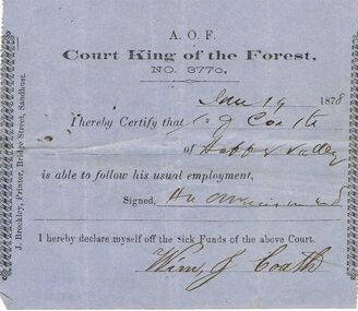 Document - ANCIENT ORDER OF FORESTERS NO 3770 COLLECTION: DOCTOR'S CERTIFICATE
