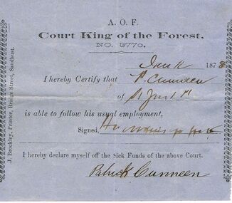 Document - ANCIENT ORDER OF FORESTERS NO 3770 COLLECTION: DOCTOR'S CERTIFICATE