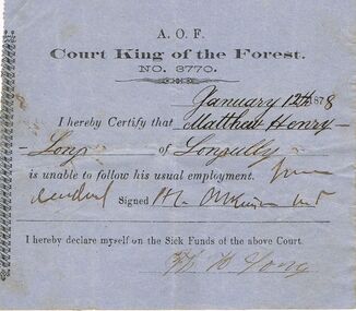Document - ANCIENT ORDER OF FORESTERS NO 3770 COLLECTION: DOCTOR'S CERTIFICATE