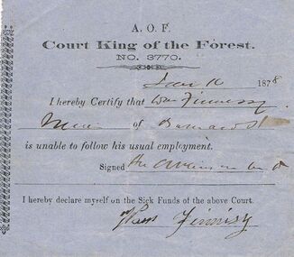 Document - ANCIENT ORDER OF FORESTERS NO. 3770 COLLECTION: DOCTOR'S CERTIFICATE