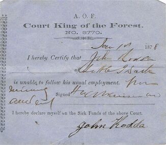 Document - ANCIENT ORDER OF FORESTERS NO 3770 COLLECTION: DOCTOR'S CERTIFICATE