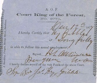 Document - ANCIENT ORDER OF FORESTERS NO 3770 COLLECTION: DOCTOR'S CERTIFICATE