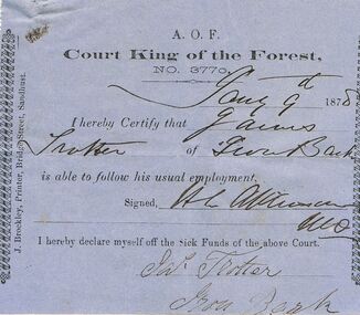 Document - ANCIENT ORDER OF FORESTERS NO 3770 COLLECTION: DOCTOR'S CERTIFICATE