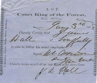 Document - ANCIENT ORDER OF FORESTERS NO 3770 COLLECTION: DOCTOR'S CERTIFICATE