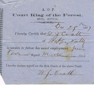 Document - ANCIENT ORDER OF FORESTERS NO 3770 COLLECTION: DOCTOR'S CERTIFICATE