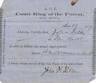 Document - ANCIENT ORDER OF FORESTERS NO 3770 COLLECTION: DOCTOR'S CERTIFICATE