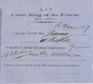 Document - ANCIENT ORDER OF FORESTERS NO 3770 COLLECTION: DOCTOR'S CERTIFICATE
