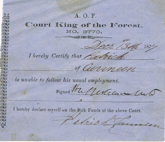 Document - ANCIENT ORDER OF FORESTERS NO 3770 COLLECTION: DOCTOR'S CERTIFICATE