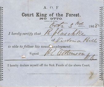 Document - ANCIENT ORDER OF FORESTERS NO 3770 COLLECTION: DOCTOR'S CERTIFICATE