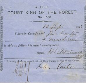 Document - ANCIENT ORDER OF FORESTERS NO 3770 COLLECTION: DOCTOR'S CERTIFICATE