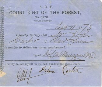 Document - ANCIENT ORDER OF FORESTERS NO 3770 COLLECTION: DOCTOR'S CERTIFICATE