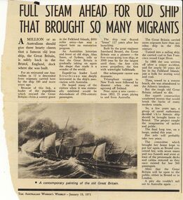 Magazine - WOMENS WEEKLY CUTTING RELATING TO THE IMMIGRANT SHIP 'GREAT BRITAIN'