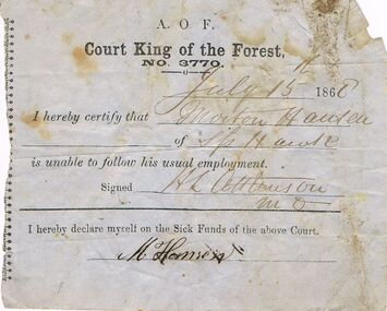 Document - ANCIENT ORDER OF FORESTERS NO 3770 COLLECTION: DOCTOR'S CERTIFICATE