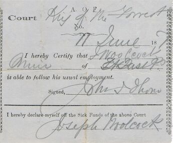 Document - ANCIENT ORDER OF FORESTERS NO 3770 COLLECTION: DOCTOR'S CERTIFICATE