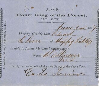 Document - ANCIENT ORDER OF FORESTERS NO 3770 COLLECTION: DOCTOR'S CERTIFICATE