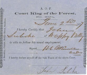 Document - ANCIENT ORDER OF FORESTERS NO 3770 COLLECTION: DOCTOR'S CERTIFICATE