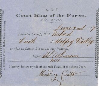 Document - ANCIENT ORDER OF FORESTERS NO 3770 COLLECTION: DOCTOR'S CERTIFICATE