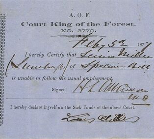 Document - ANCIENT ORDER OF FORESTERS NO 3770 COLLECTION: DOCTOR'S CERTIFICATE