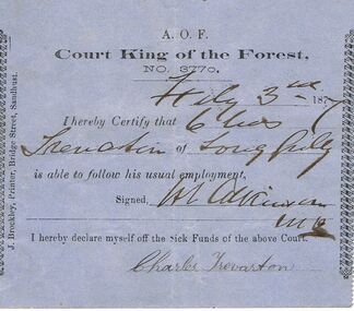 Document - ANCIENT ORDER OF FORESTERS NO 3770 COLLECTION: DOCTOR'S CERTIFICATE