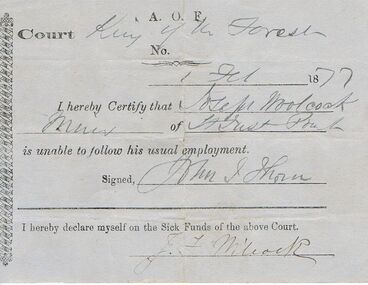 Document - ANCIENT ORDER OF FORESTERS NO 3770 COLLECTION: DOCTOR'S CERTIFICATE