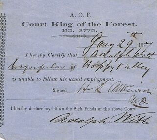 Document - ANCIENT ORDER OF FORESTERS NO 3770 COLLECTION: DOCTOR'S CERTIFICATE