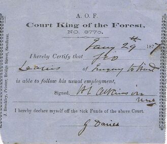 Document - ANCIENT ORDER OF FORESTERS NO 3770 COLLECTION: DOCTOR'S CERTIFICATE