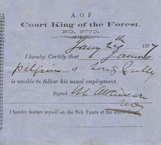 Document - ANCIENT ORDER OF FORESTERS NO 3770 COLLECTION: DOCTOR'S CERTIFICATE